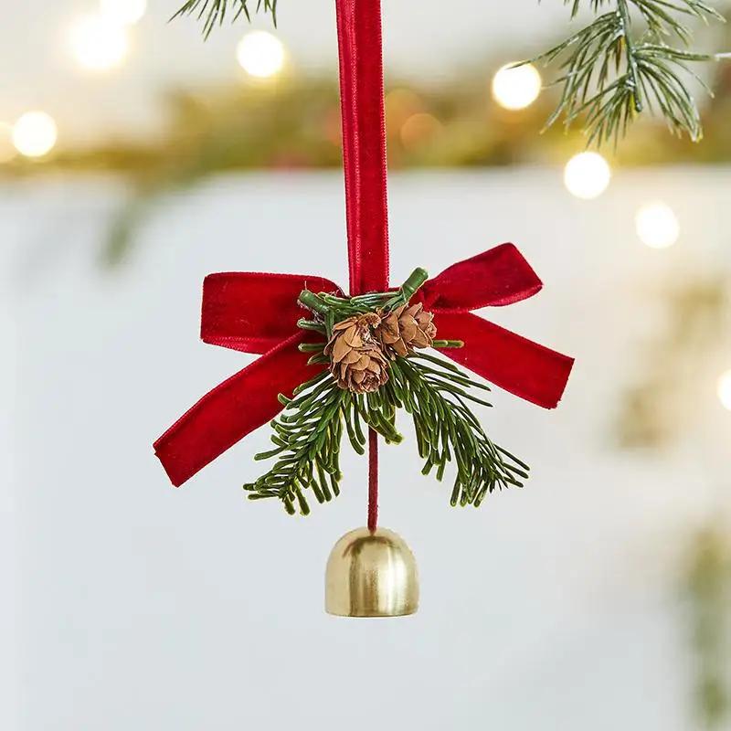 Christmas Jingle Bells Door Hanger Ornament Velvet Bow Pine Cone Bell Pendants for Christmas Decoration 2025 Christmas Gift