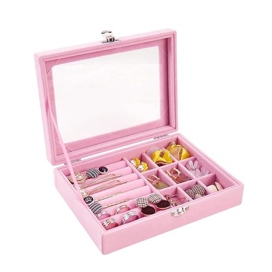 Jewelry Storage Box, with Transparent Flip Cover, Velvet Lining Dustproof Jewelry Organizer, Display Case for Travel And Home розовый