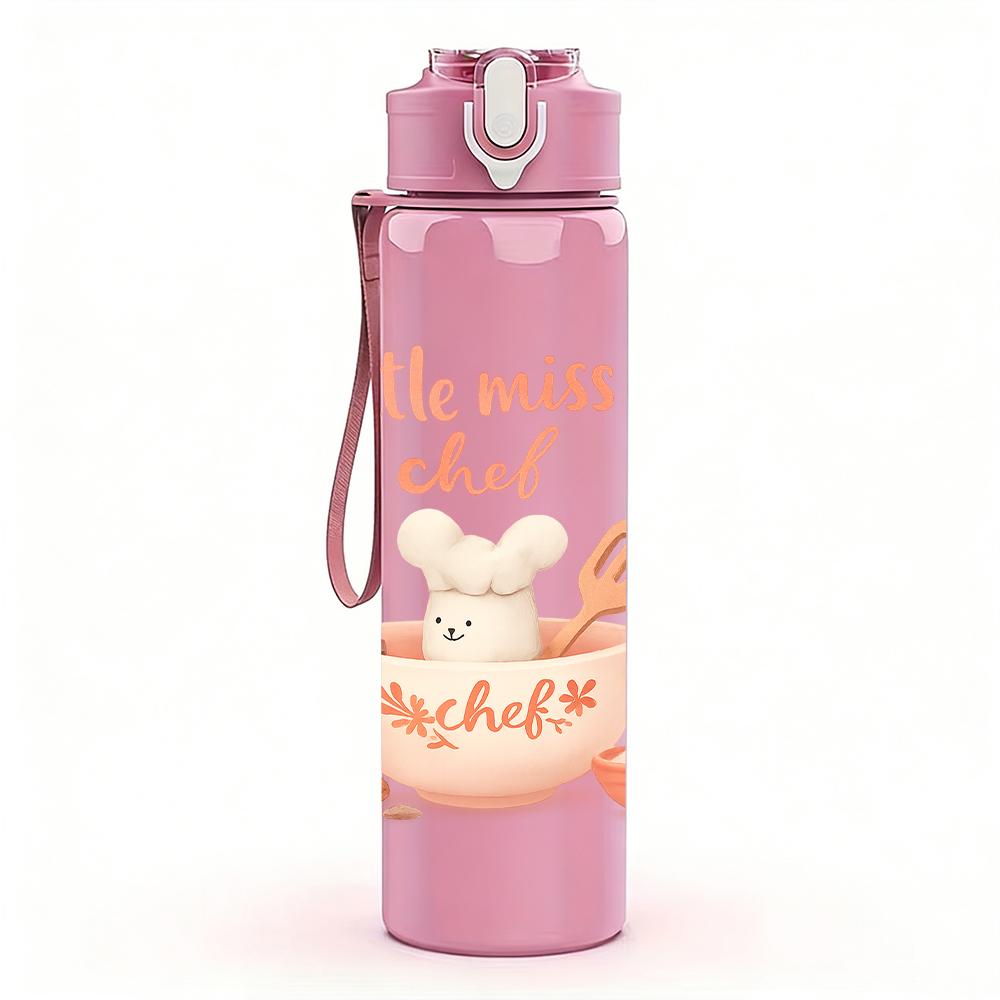 1PC Little Miss Chef Letter Graphic 750ml Color Plastic Sports Water Bottle Leakproof Flip Straw Lid For Sports Office Home Use