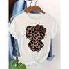 European Size Women's T-Shirt -Cute Anime Graphic Tee with Hello Kitty Face & Bow, Round Neck Short Sleeve Top, White with Black & Brown Leopard Print
