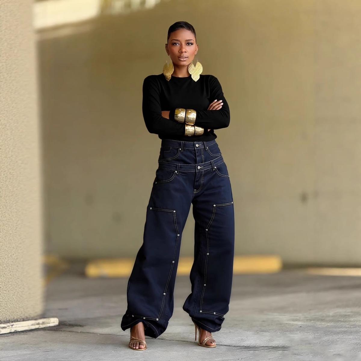 VIONA European And American Style Loose Double Waisted Collision Nail Splicing High Waisted Jeans For Women Spring New S