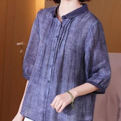 Cropped Sleeves Retro Elegant Temperament Ramie Top for Women Spring New Stand Collar Loose Casual Simple Shirt
