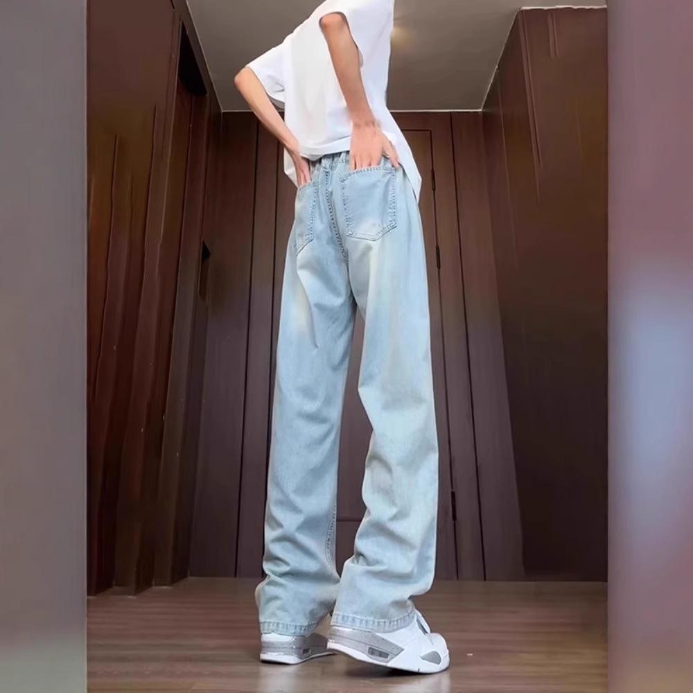 Light Blue Ice Silk Jeans Men's Thin Summer Straight Teen Pants Extended Tall Drawstring Wide-leg Pants
