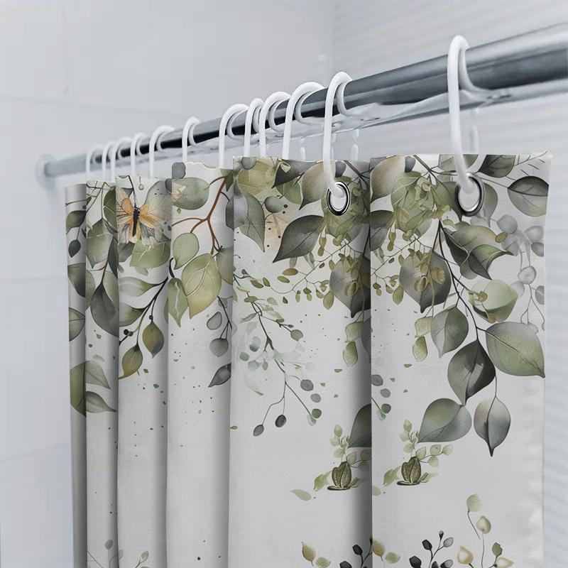 Elegant Green Leaf and Butterfly Shower Curtain for Bathroom Decoration - Waterproof and Durable Design for Stylish Home Upgrade
