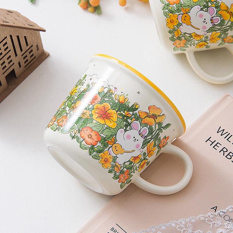 Cute Cartoon Ceramic Cup Water Cup Milk Cup Breakfast Cup Children's Cup Flowers Bunny Girls Gift Cup