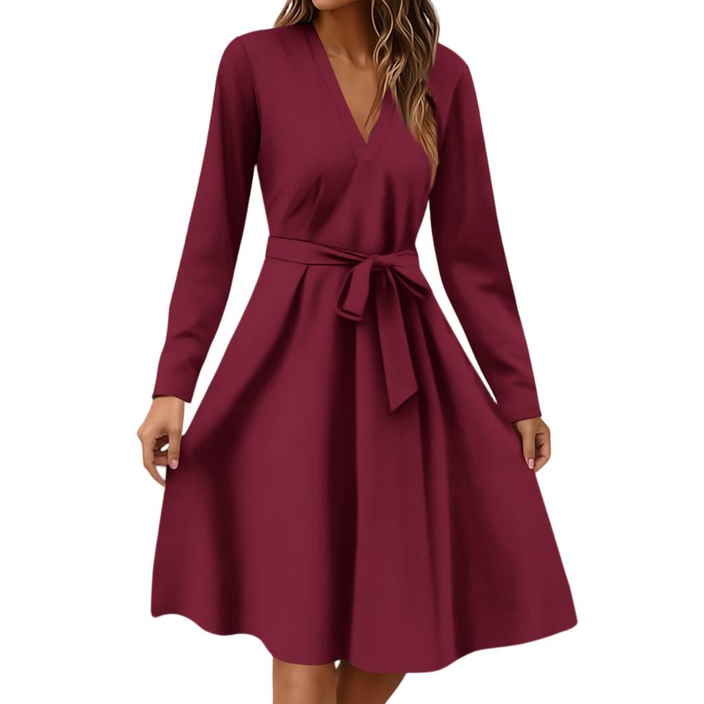 Women's Fashion Casual V-Neck Long Sleeve Waist Floral Print Midi Dress