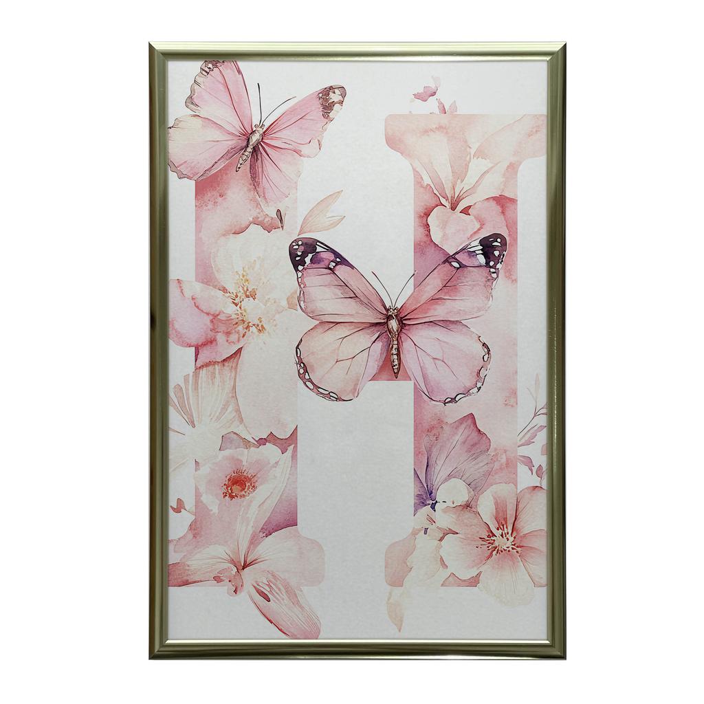 Plakat Romantyczna Litera H Z Kwiatów I Motyli Plakat Romantyczna Litera H Z Kwiatów I Motyli, 50X70 Cm, Rama Drewniana Jasny Dąb, Papier Matowy 230 G