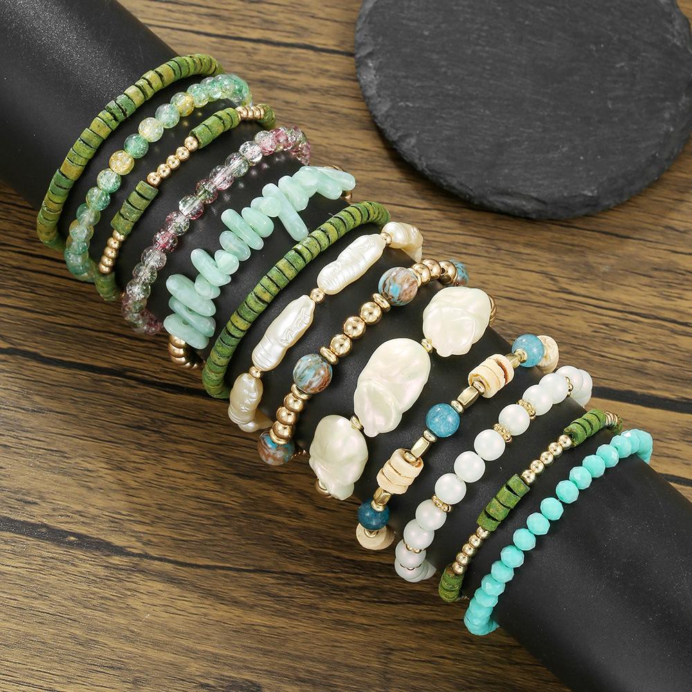 Bohemian Multi-Layered Crystal Pearl Coconut Shell Bracelet Set Baroque Handmade Beaded Bracelet Ladies