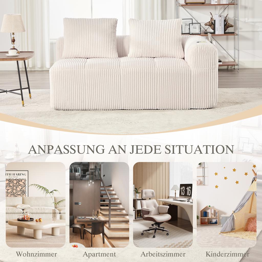 Cozy Corduroy Two-Seater Sofa – No Assembly, Soft Back Cushions, Side Storage Pocket for Remote Control and Phone, Cup Holder – Neat and Aesthetic.