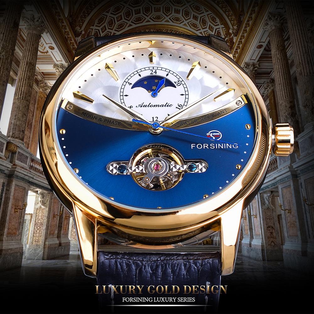 Forsining Luxury Automatic Mechanical Watches Mens Sun Moon Phase Tourbillon Watch Waterproof Men Wristwatch