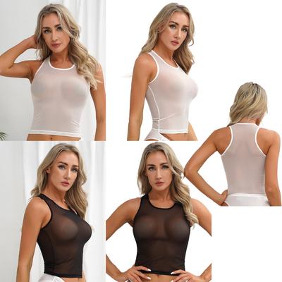 Women's Sexy Mesh Sheer See Through Casual T Shirt Crop Top Solid Tee Blouse
