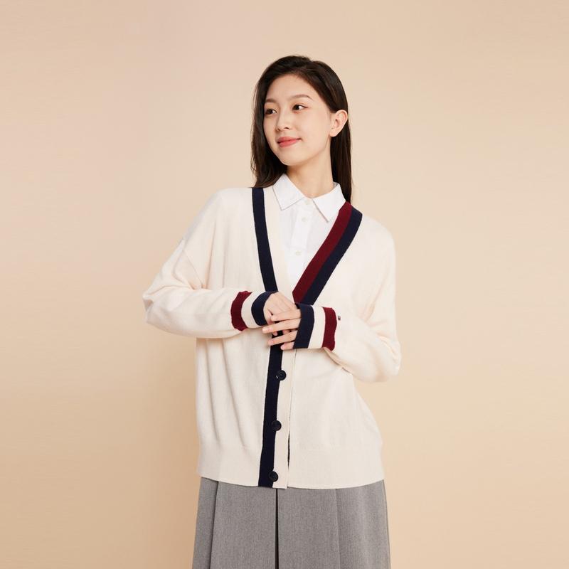 Tommy Hilfiger Classic American Vintage College Fashion Color-Block Button Loose V-Neck Comfortable Knit Sweater Women Sweater Off-White WW0WW39535