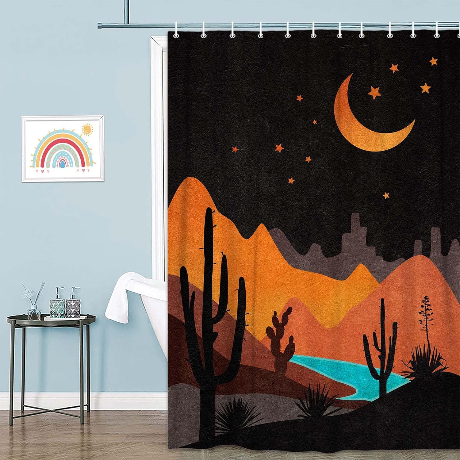 

Stained Glass Western Shower Curtain,Boho Southwestern Desert Cactus Landscape Fabric Shower Curtains Set Bathroom Decorative W60H190(CM)-1 Pcs