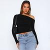 Women Shirt Diagonal Asymmetrical Solid Color Umbilical Top Long-sleeved Sexy Slim-fit T-shirt