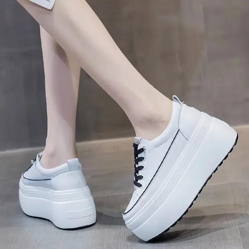 8cm White Genuine Leather Platform Heel Women Flats Shoes Comfortable Casual Creepers Chunky Sneaker Summer Bling Shoes Women