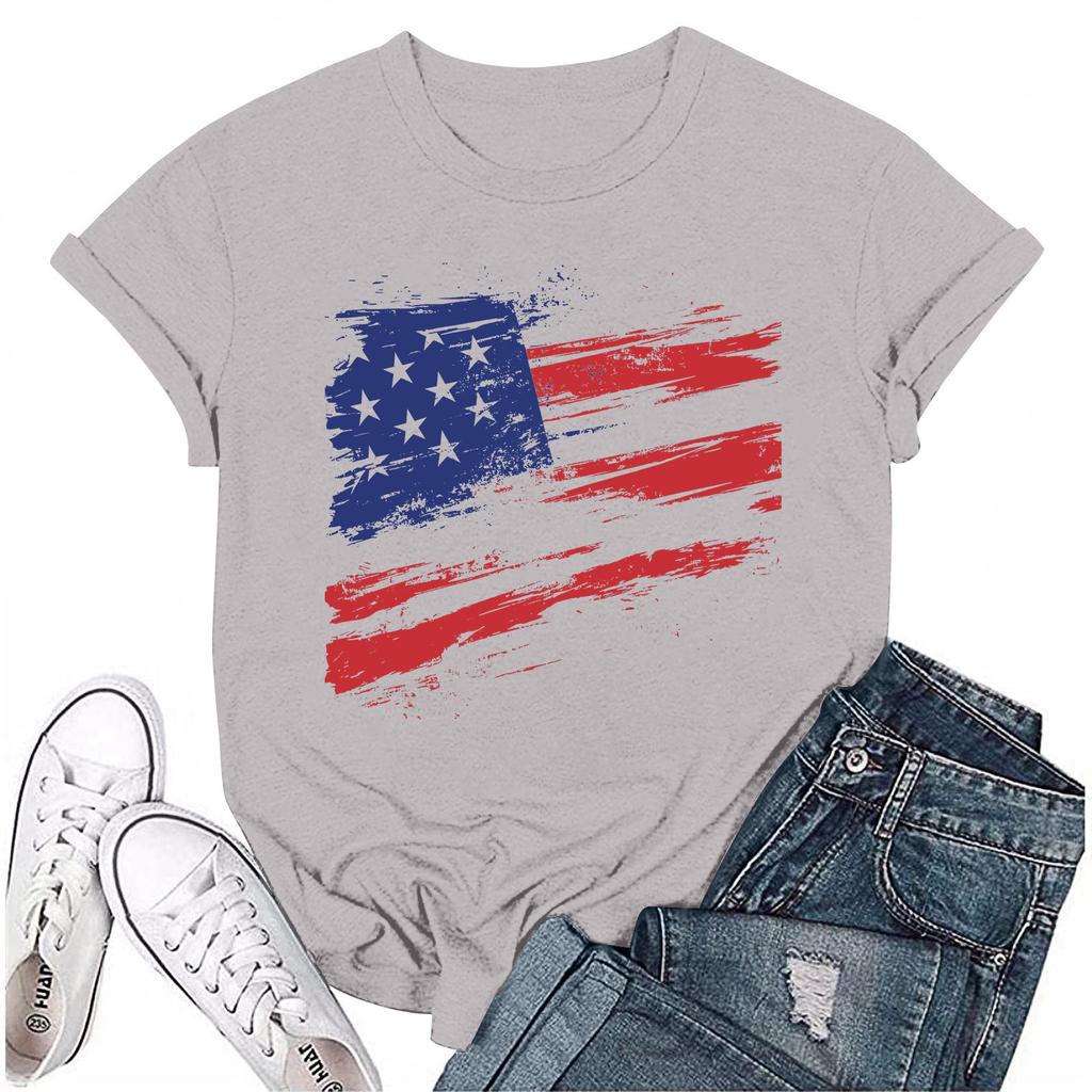 Adults Casual Daily Round Neck Independence Day Printed Short Sleeved T-shirt Letter Top
