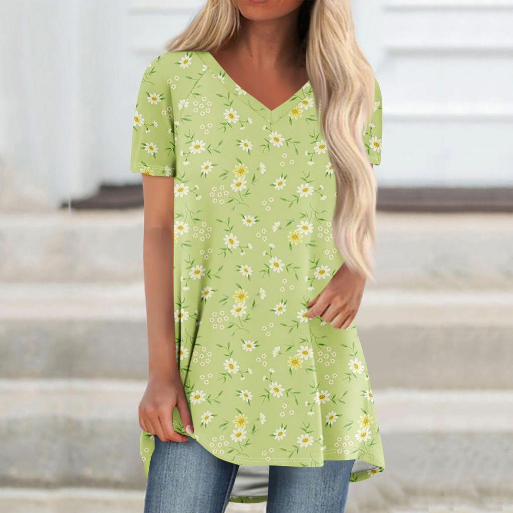 Ladies Short Sleeve Pleated Loose Tops Plus Size Casual Tops V Neck Short Sleeves Casual Summer T Shirts Ladies Tops T Shirts Shirts