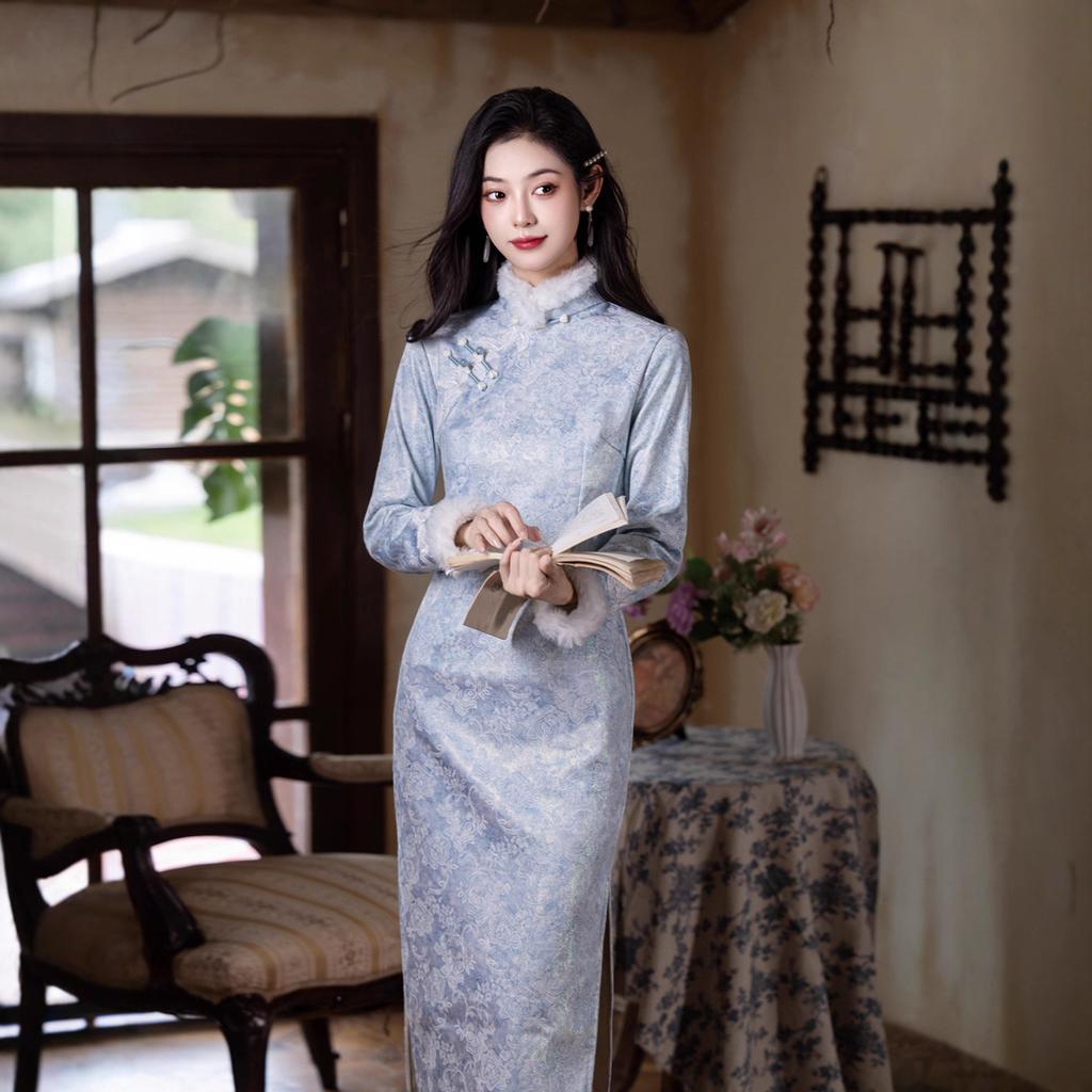 New cheongsam 1011 autumn and winter Chinese style elegant temperament long colorful silk jacquard slim dress daily