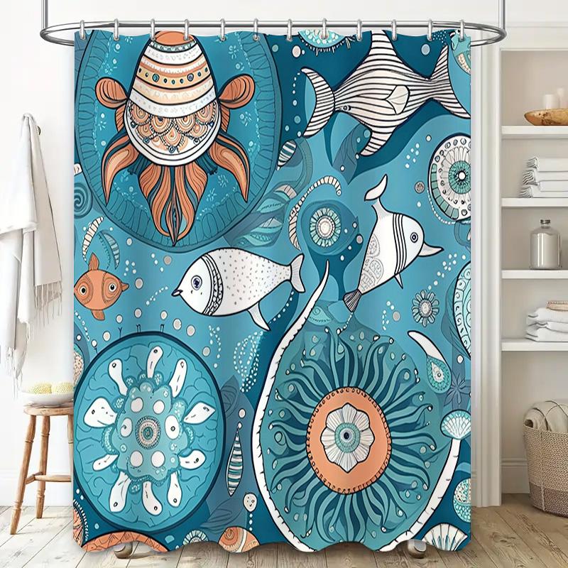 Decorative Octopus Fish Blue Shower Curtain Unique Artistic Design for Bathroom Decorations