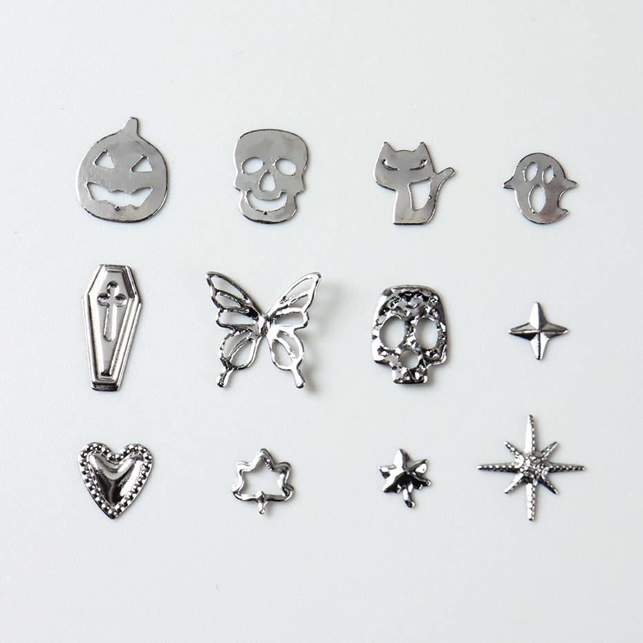 Xiaomi 12 Grids Silver Metal Halloween Nail Art Decorations Y2K Gothic Spooky Cat Skull Coffin Butterfly Star Heart Manicure Nail Decor