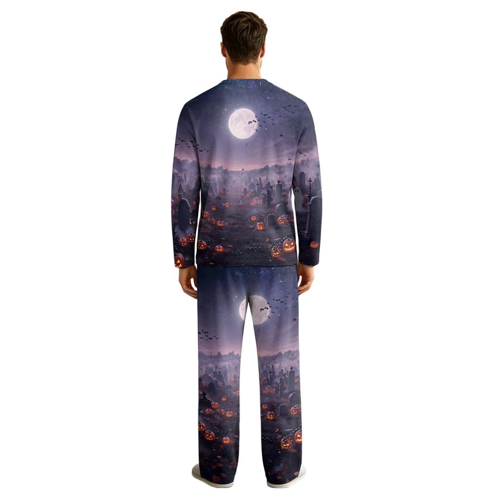 Men's Halloween Pajama Set Long Sleeve Long Pants with Crotch Buttons and Elastic Drawstring Waist