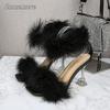 Women's Fashion Fur Sandals Crystal High Heels Ladies Summer Peep Toe Sexy Pumps Fluffy Ankle Straps Tacones Zapatos De Mujer