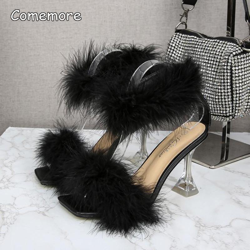 Women's Fashion Fur Sandals Crystal High Heels Ladies Summer Peep Toe Sexy Pumps Fluffy Ankle Straps Tacones Zapatos De Mujer