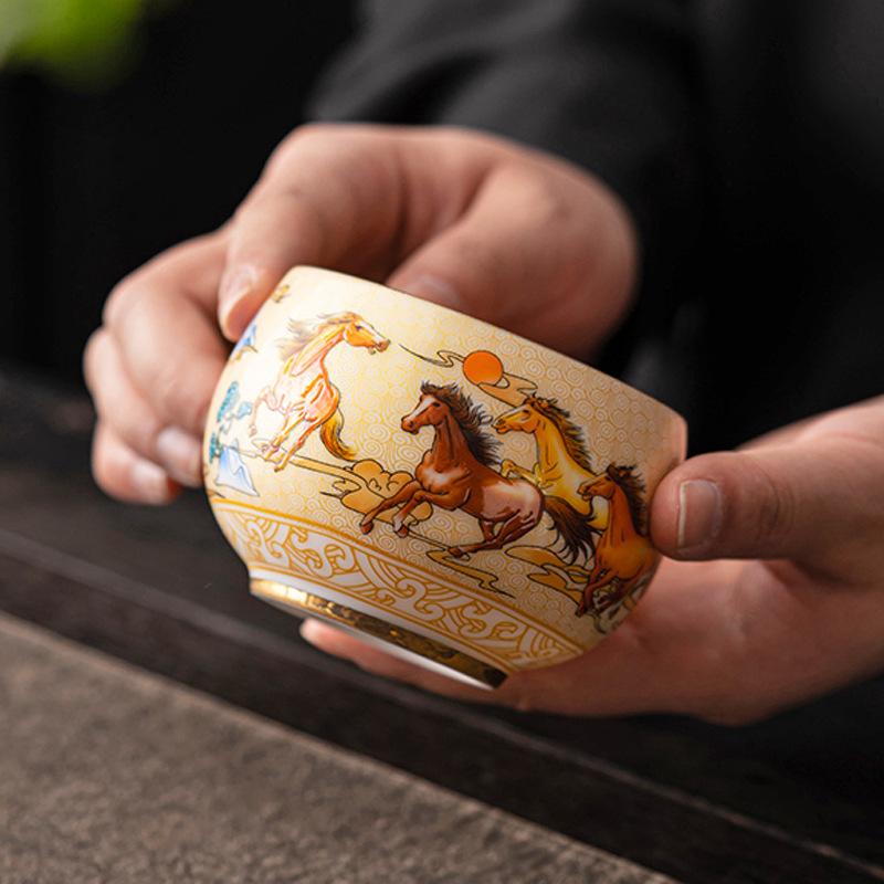 

Handmade Cloisonne Tea Cup Eight Horses Design Gongfu Teaware for Collection Gift Idea 200ml
