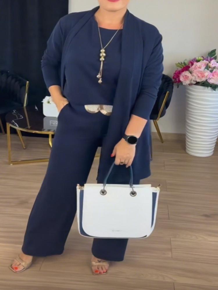 Béžový volný top s dlouhým rukávem a kalhoty 3dílná sada