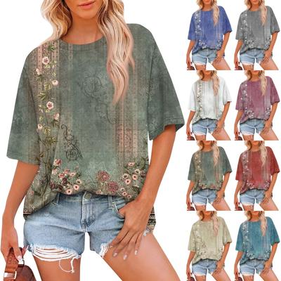 Women's Fashion Casual Floral Printed Loose Round Neck Short Sleeve T-Shirt Top