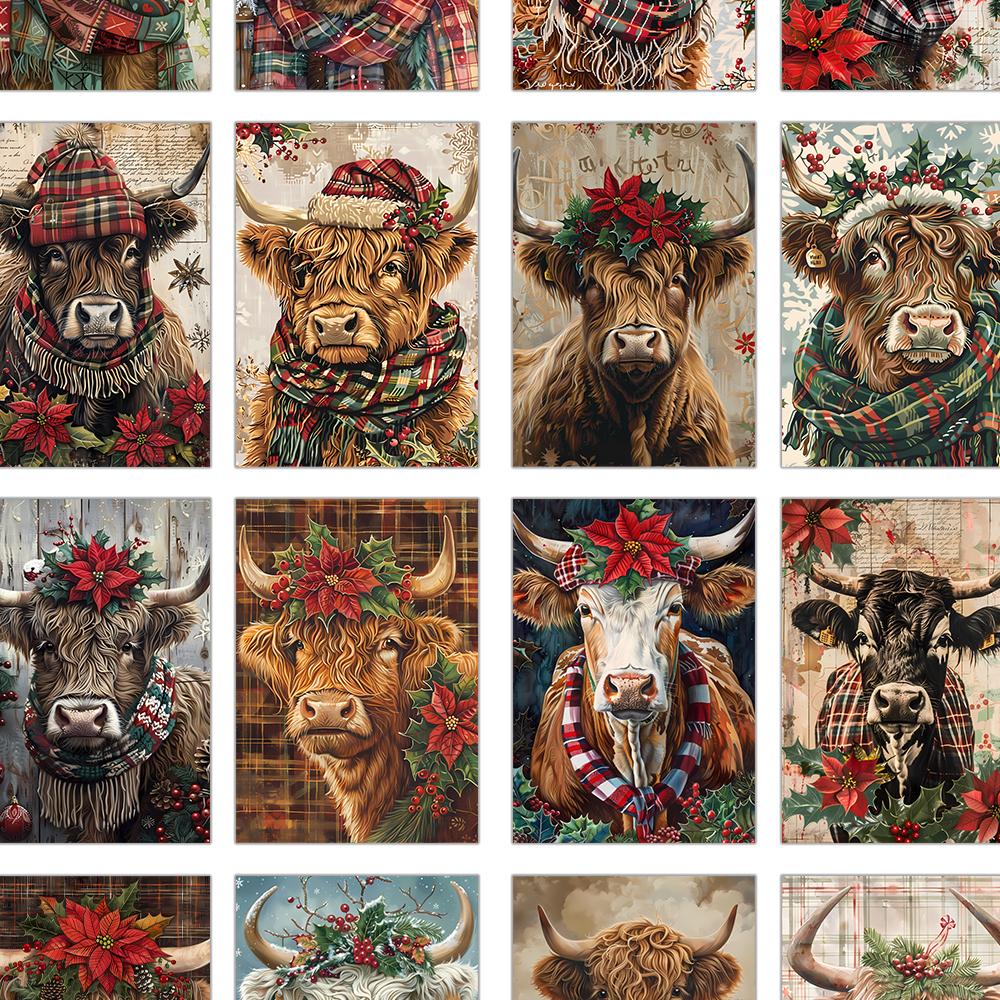 32pcs, Christmas Highlands Cow Postcard, Birthday/Anniversary Gift, Collectible, Suitable for Gift Giving, Can Be Mailed.