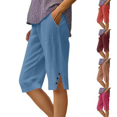 Modische lockere Damen-Taschen-Freizeithose aus Baumwoll-Leinen-Mischgewebe mit elastischem Bund - Verkürzte Shorts