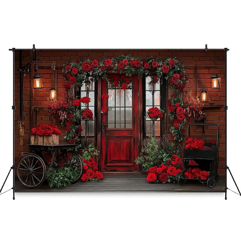 Mocsicka Valentine's Day Photo Background Rose Love Heart Flower Red Bricks Wall Door Decorations Wedding Backdrop Studio Banner
