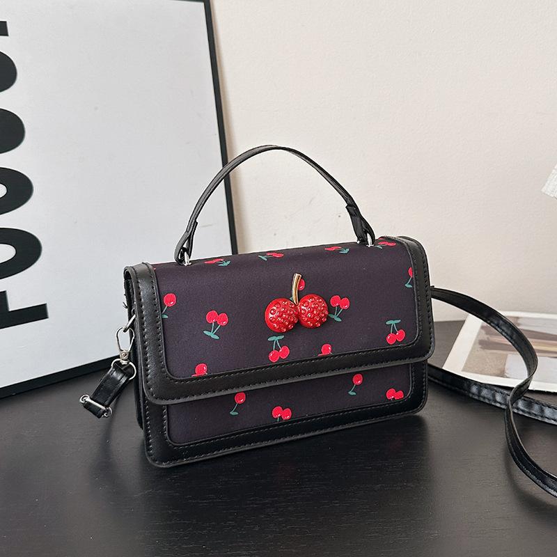 New cute cherry printed messenger bag twist portable small square bag splicing contrasting color design shoulder bag tide