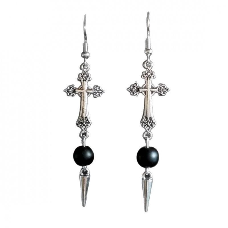 Silver Gothic Cross Earrings with Black Stones and Spikes