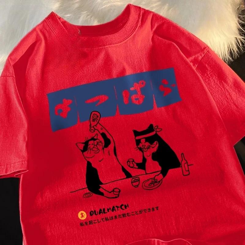 ZX Tee Harajuku Japanese Cat Drinking Printed Tops Woman Fashion O-Neck T-Shirt Streetwear Casual Summer Clothing Woman Tshirts