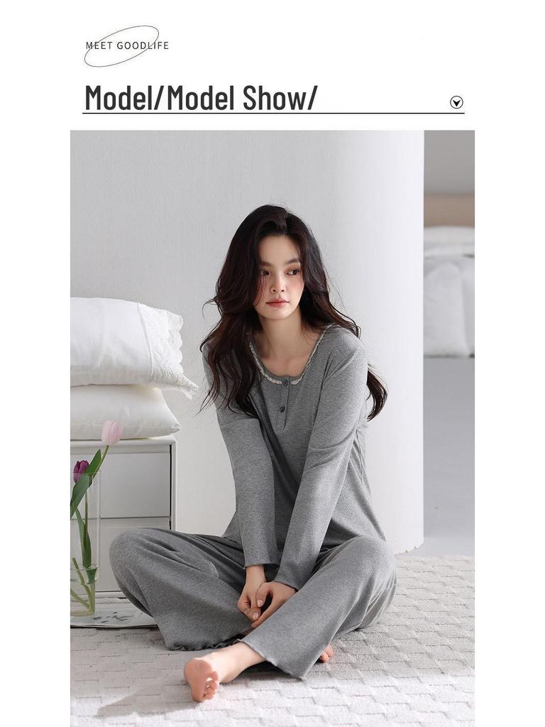 New Women's Grey Casual Modal Pajama Set - Long Sleeve Pullover with Chest Pads and Long Pants for Spring and Autumn