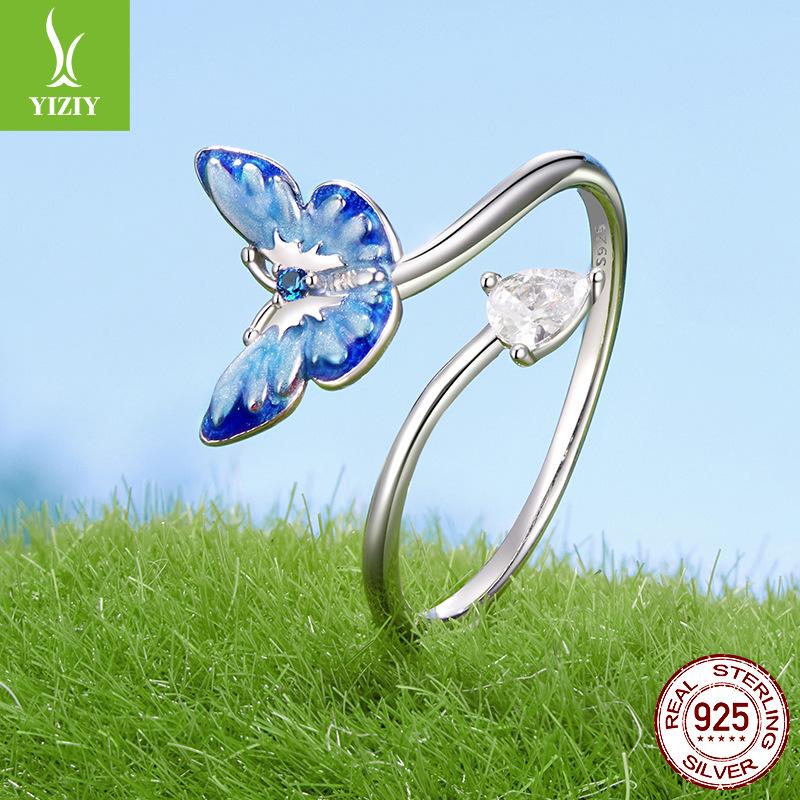 Blue Smart Butterfly Open Ring Girl, Niche High-End Light Luxury Ins Style Versatile Ring