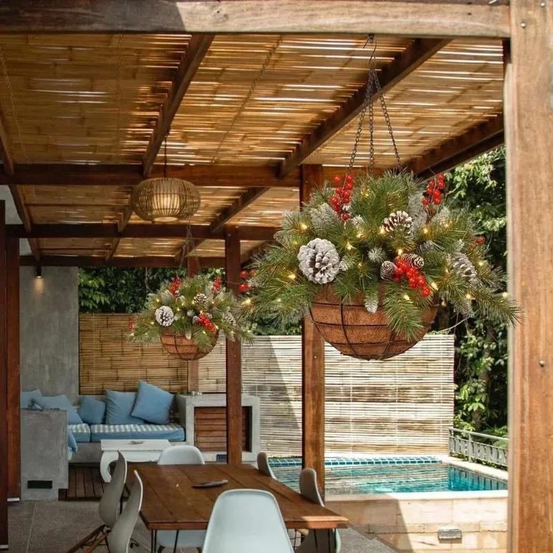 Artificial Christmas Hanging Basket Garland with White LED Light Red Berries Pine Cones Snow for Door Home DIY Decorations