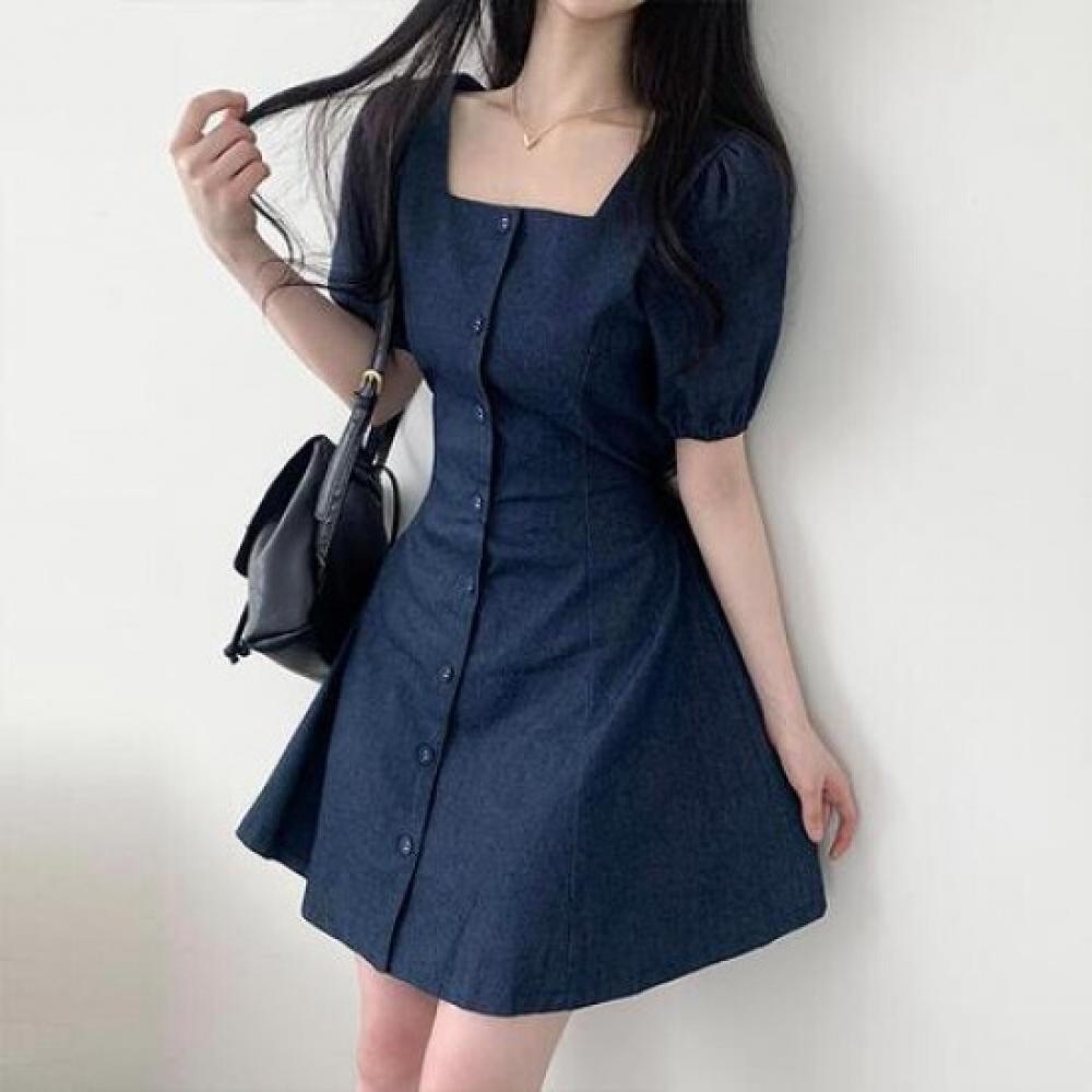 The Pink Eto Square Neck Puff Flare Denim Mini Dress