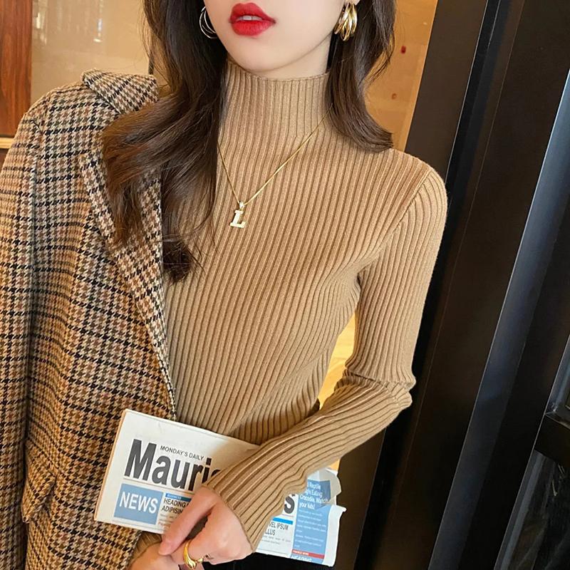 Solide schlanke Pullover Frauen gestrickte Pullover halb High Neck Langarm Topd Bottoming Shirt Jumper