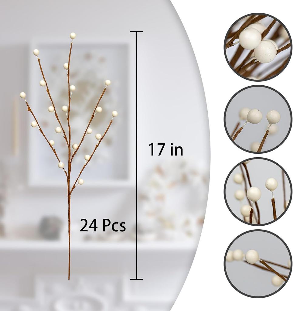 24 Pack 17 Inch White Berry Stems with Holly Berries for Christmas Vase Filler