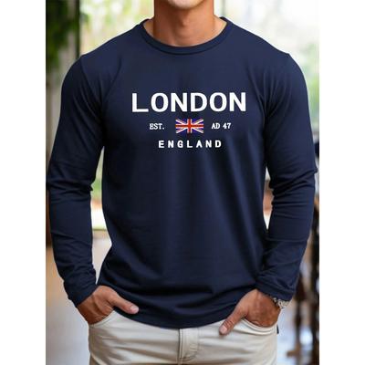 Spring and Autumn Round Neck 3D Letter London Printed Top Fashionable Casual Long Sleeved Men's T-shirts