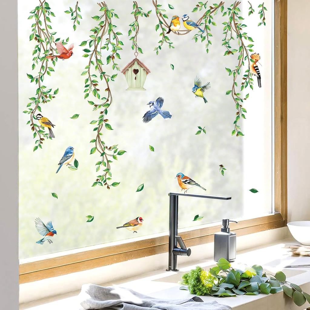 Decalmile Spring Summer Hanging Green Vine Double Sided Window Clings Birds Tree Leaves Decals Anti-Collision Glass Stickers