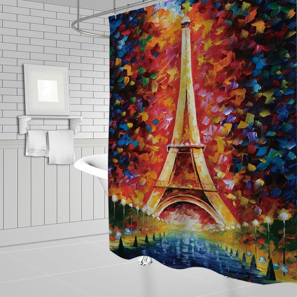 Eiffel Tower Paris Scenery Shower Curtain Vintage Scenery Cherry Blossom Butterfly Polyester Fabric Bath Curtains Bathroom Decor