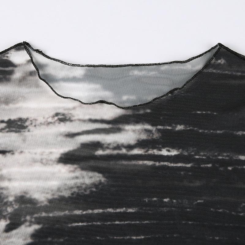 Módní abstraktní tištěné tenké síťované topy s dlouhým rukávem a výstřihem Spodní díl pro ženy Krátký krajkový top