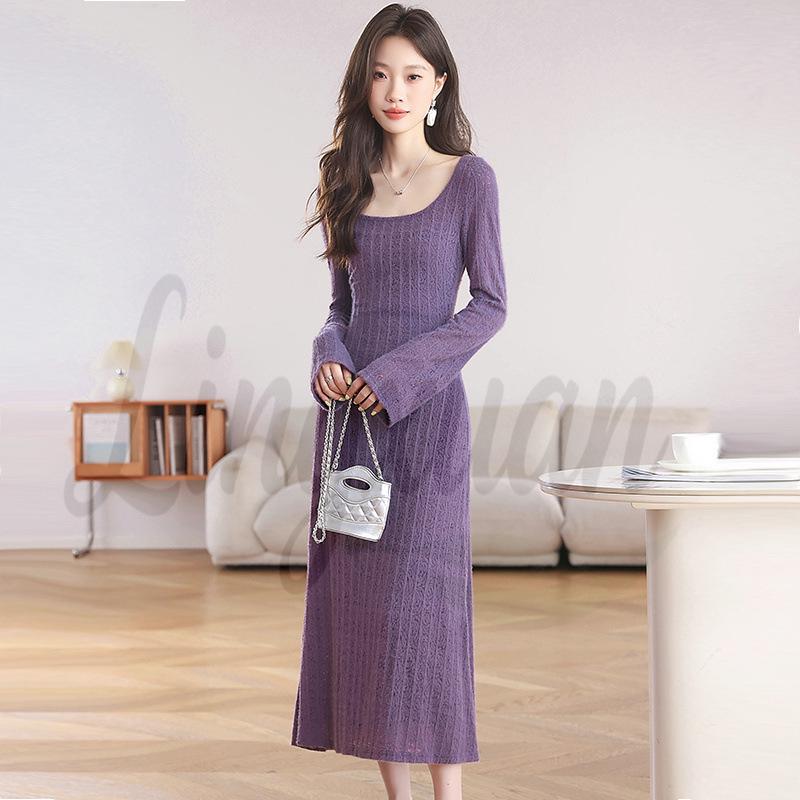 

Purple Sexy Lace Knit Dress Set: Long Sleeve Cardigan, Camisole, and Skirt for Women - Perfect for Autumn and Winter Small фиолетовый