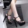 14CM Black High Heel Sandals Pu Leather Cross Straps Open Toe Platform Sandals for Women Comfortable Size 34-40 Zapatos De Mujer