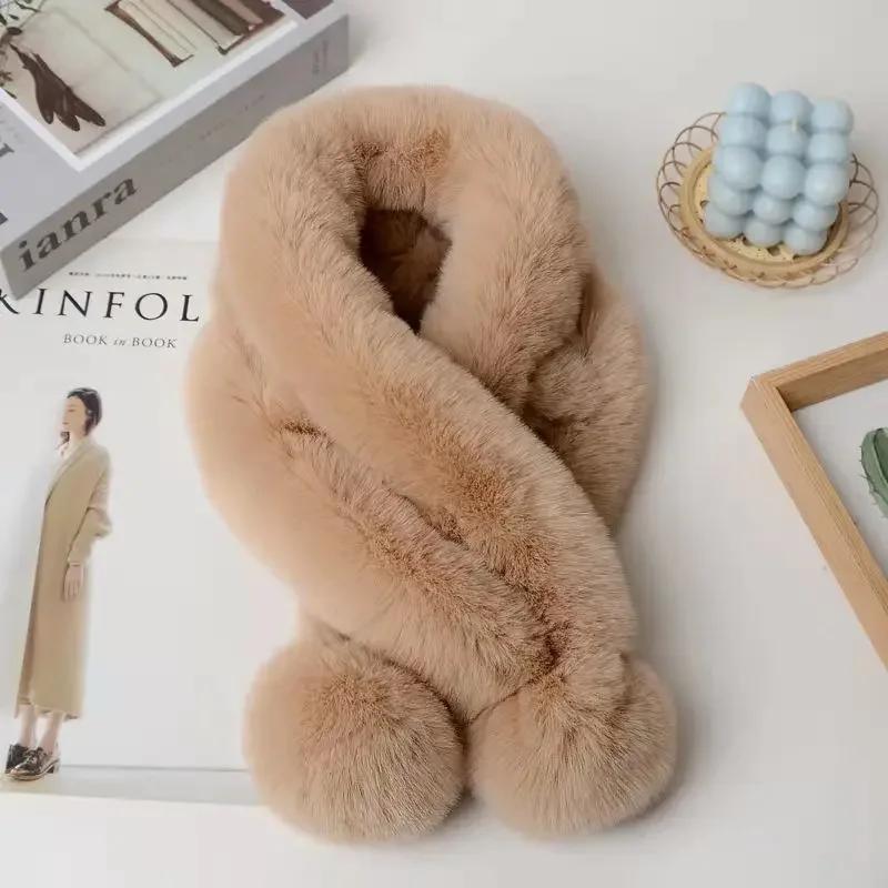Women Fashion Autumn and Winter Newest Warm Scarf Fur Rabbit Plush Thick Scarf Solid Color Fur Ball Clothes Accessories New