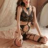 3 Piece Women Garter Belt Lingerie Set Strappy See Through Lace Halter Neck High Waist Underwear Set Black XL